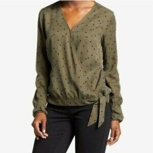 EDDIE BAUER Faux Wrap Surplice Neck Star Print Olive Army Green Top Blouse M